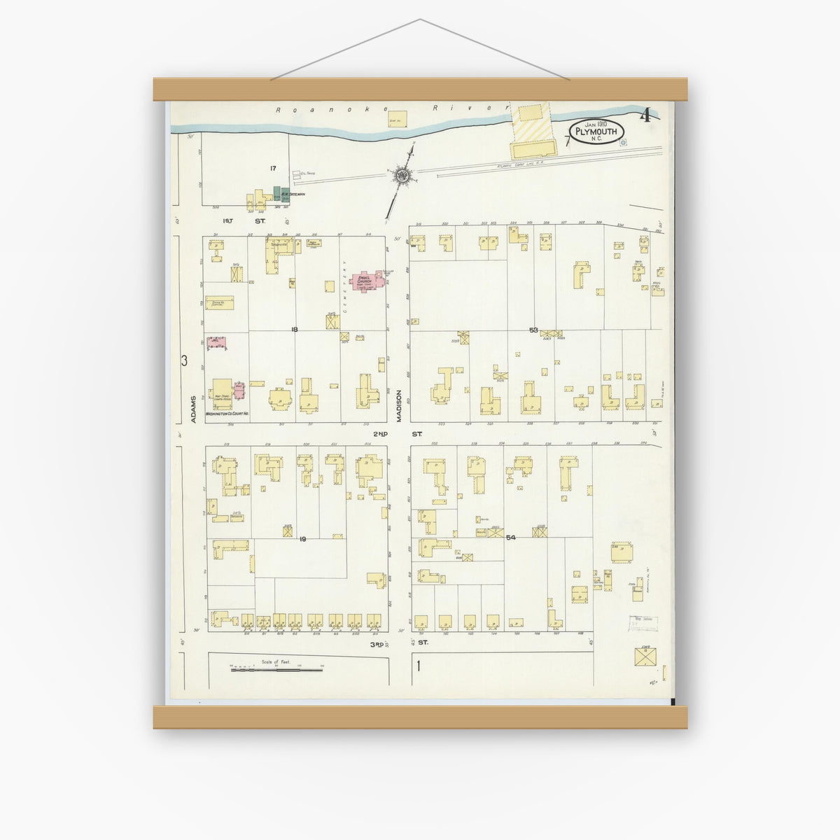 Old map wall art mockup — magnetic wood frame on white wall — Sanborn Fire Insurance Map from Plymouth, Washington County, North Carolina (1910), Sheet #0004