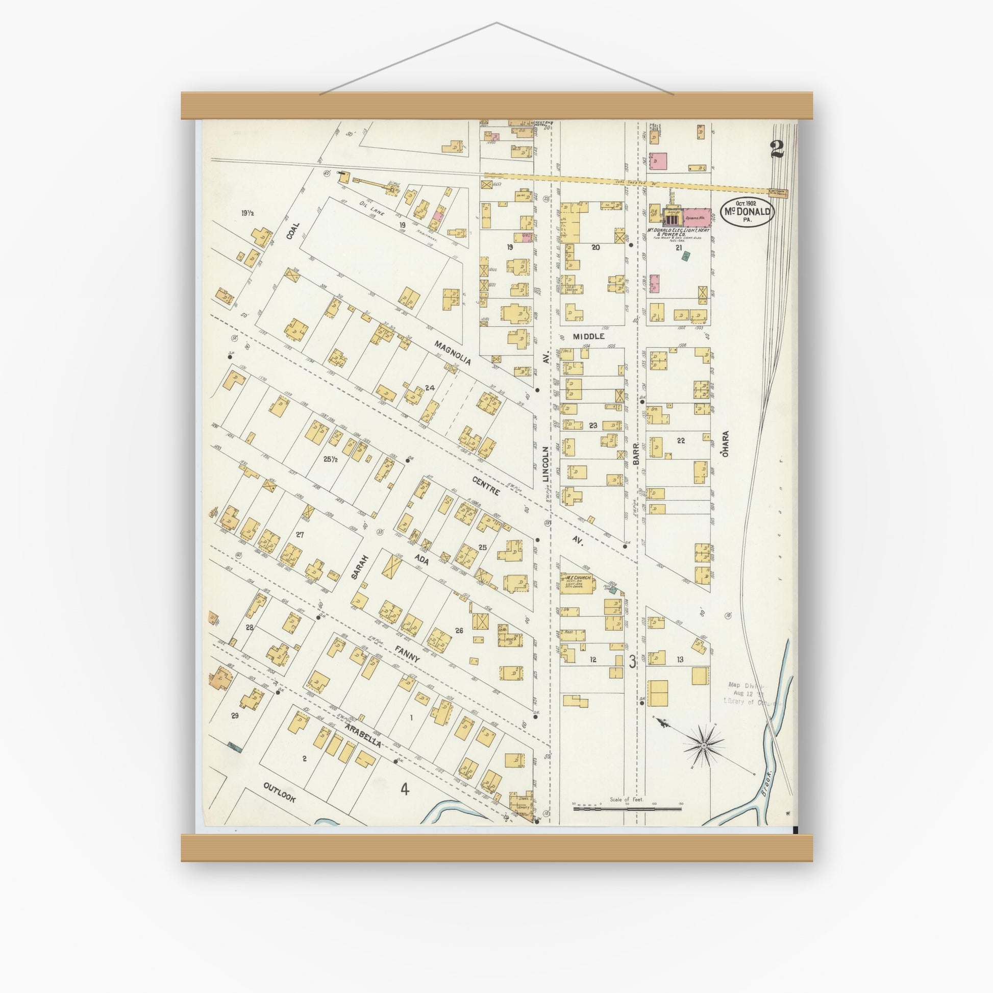 Old map wall art mockup — magnetic wood frame on white wall — Sanborn Fire Insurance Map from McDonald, Washington County, Pennsylvania (1902), Sheet #0002