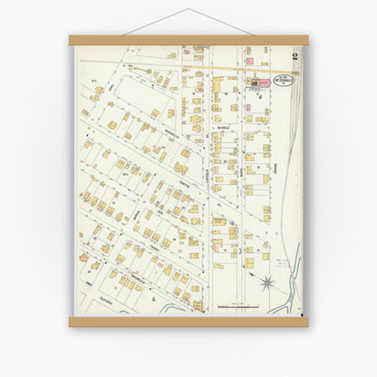 Old map wall art mockup — magnetic wood frame on white wall — Sanborn Fire Insurance Map from McDonald, Washington County, Pennsylvania (1902), Sheet #0002