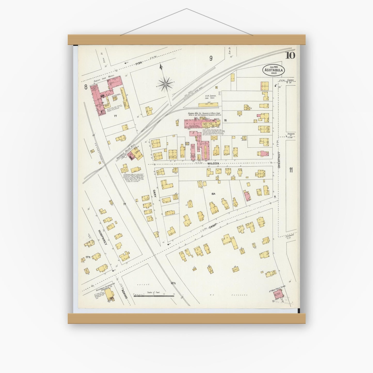 Old map wall art mockup — magnetic wood frame on white wall — Sanborn Fire Insurance Map from Ashtabula, Ashtabula County, Ohio (1903), Sheet #0010