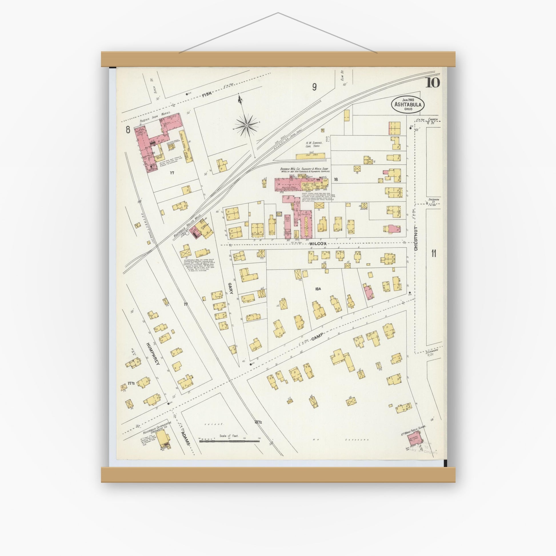 Old map wall art mockup — magnetic wood frame on white wall — Sanborn Fire Insurance Map from Ashtabula, Ashtabula County, Ohio (1903), Sheet #0010