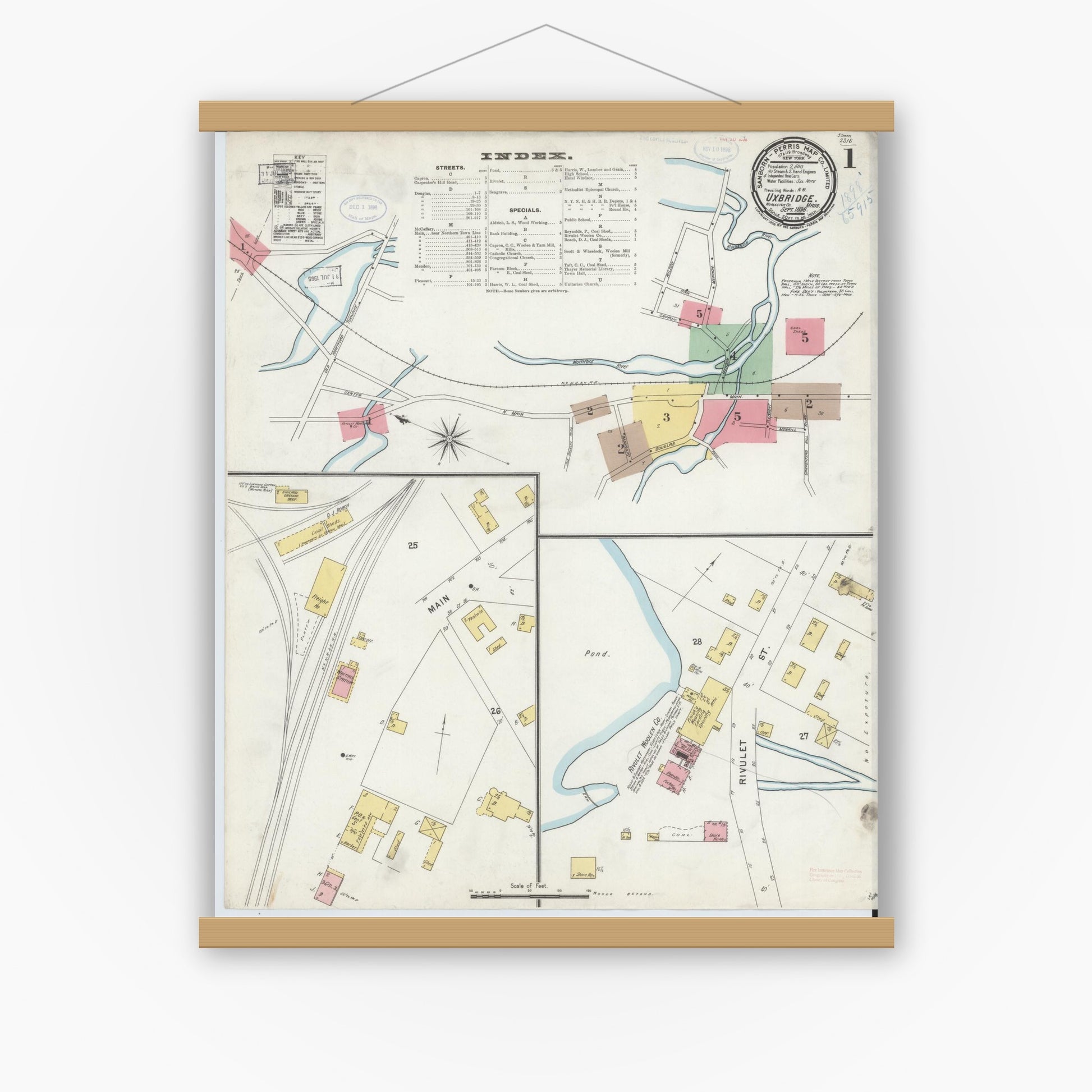 Old map wall art mockup — magnetic wood frame on white wall — Sanborn Fire Insurance Map from Uxbridge, Worcester County, Massachusetts (1898) - Complete Map Set