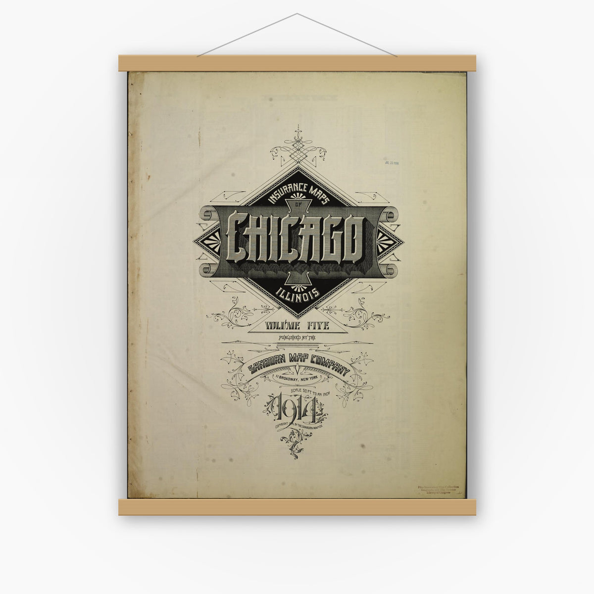 Old map wall art mockup — magnetic wood frame on white wall — Sanborn Fire Insurance Map from Chicago, Cook County, Illinois (1914), Sheet #0001
