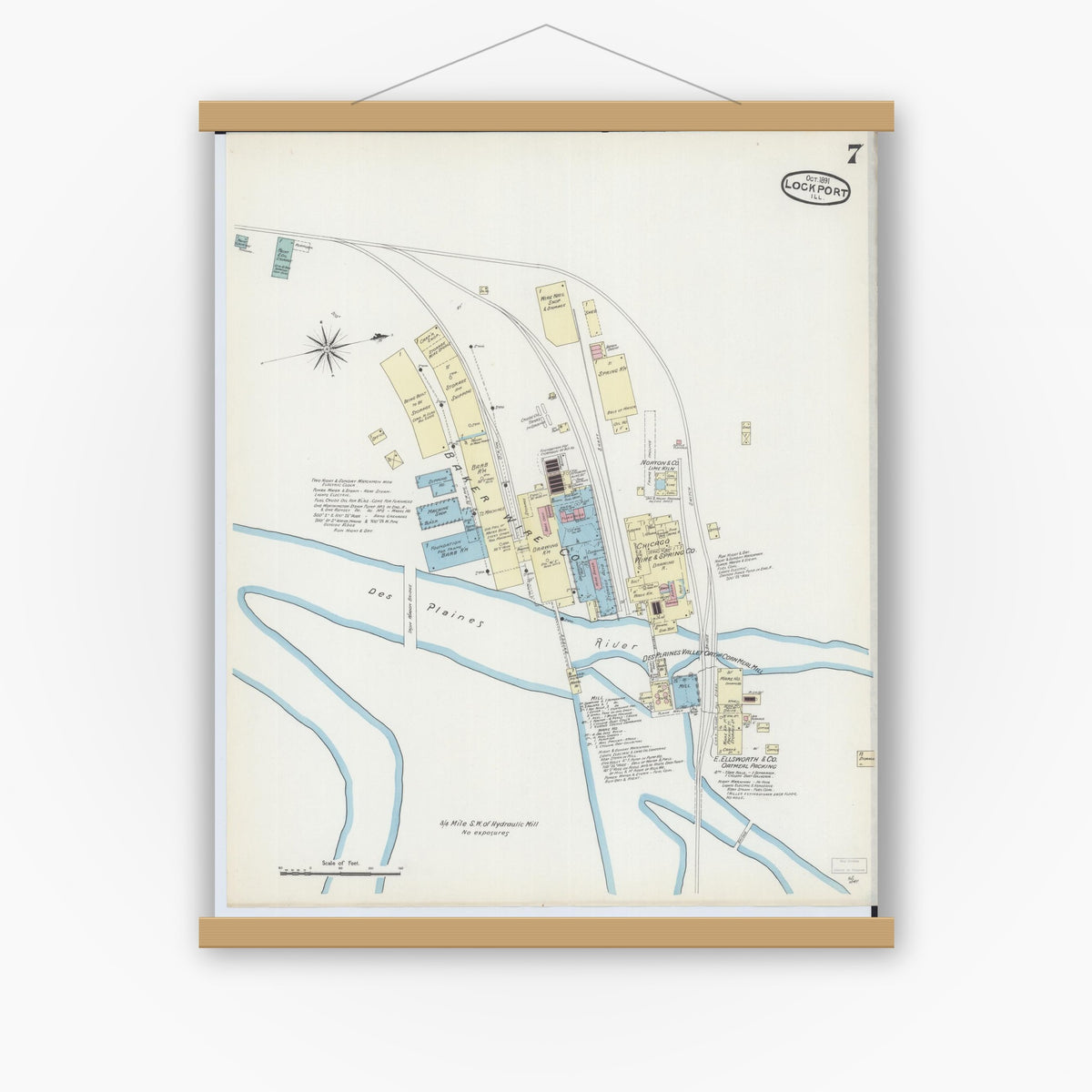 Old map wall art mockup — magnetic wood frame on white wall — Sanborn Fire Insurance Map from Lockport, Will County, Illinois (1891), Sheet #0007