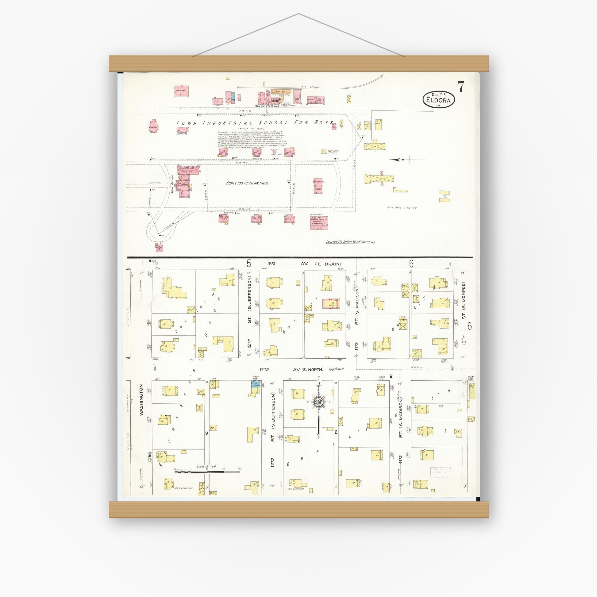 Old map wall art mockup — magnetic wood frame on white wall — Sanborn Fire Insurance Map from Eldora, Hardin County, Iowa (1915), Sheet #0007