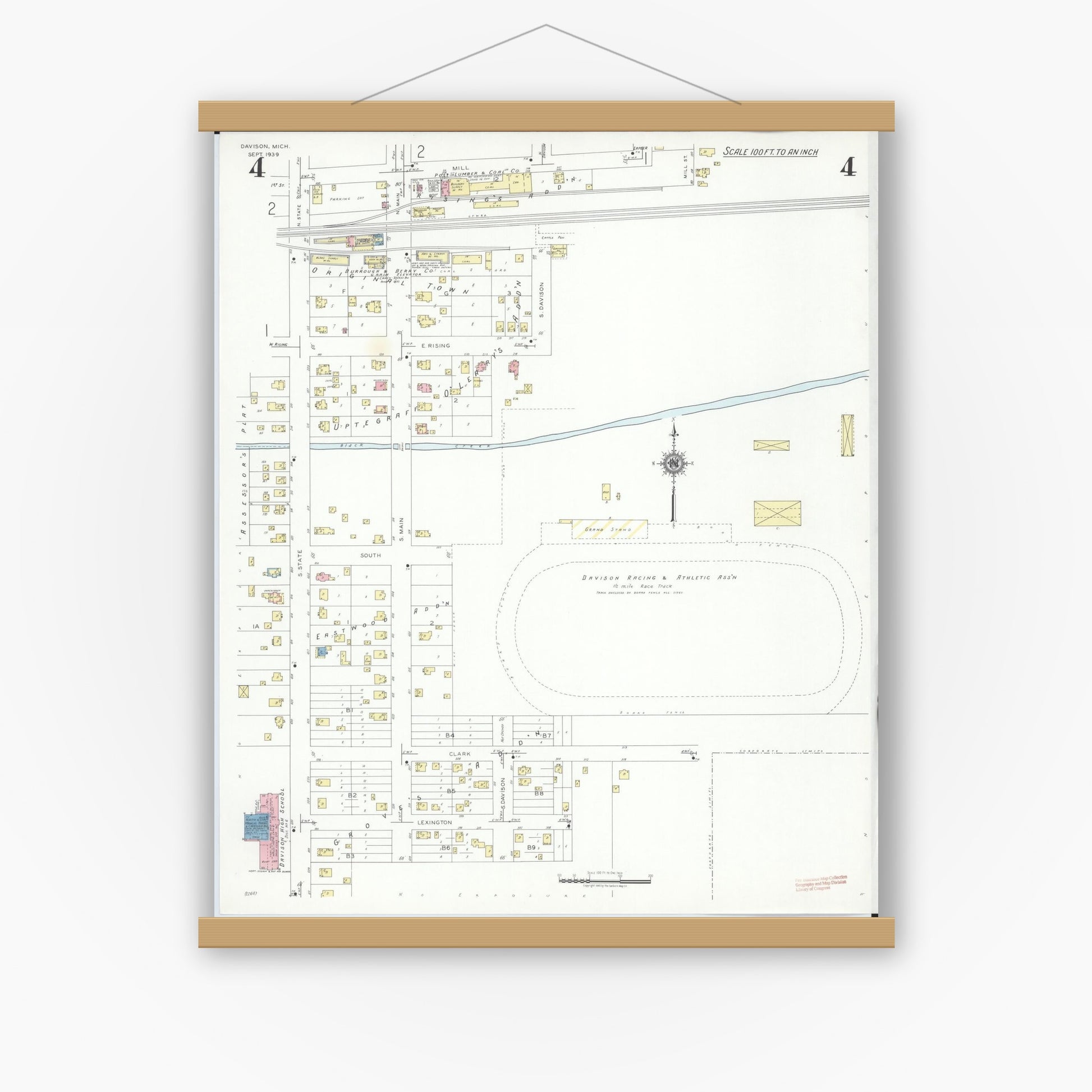 Old map wall art mockup — magnetic wood frame on white wall — Sanborn Fire Insurance Map from Davison, Genesee County, Michigan (1939), Sheet #0004
