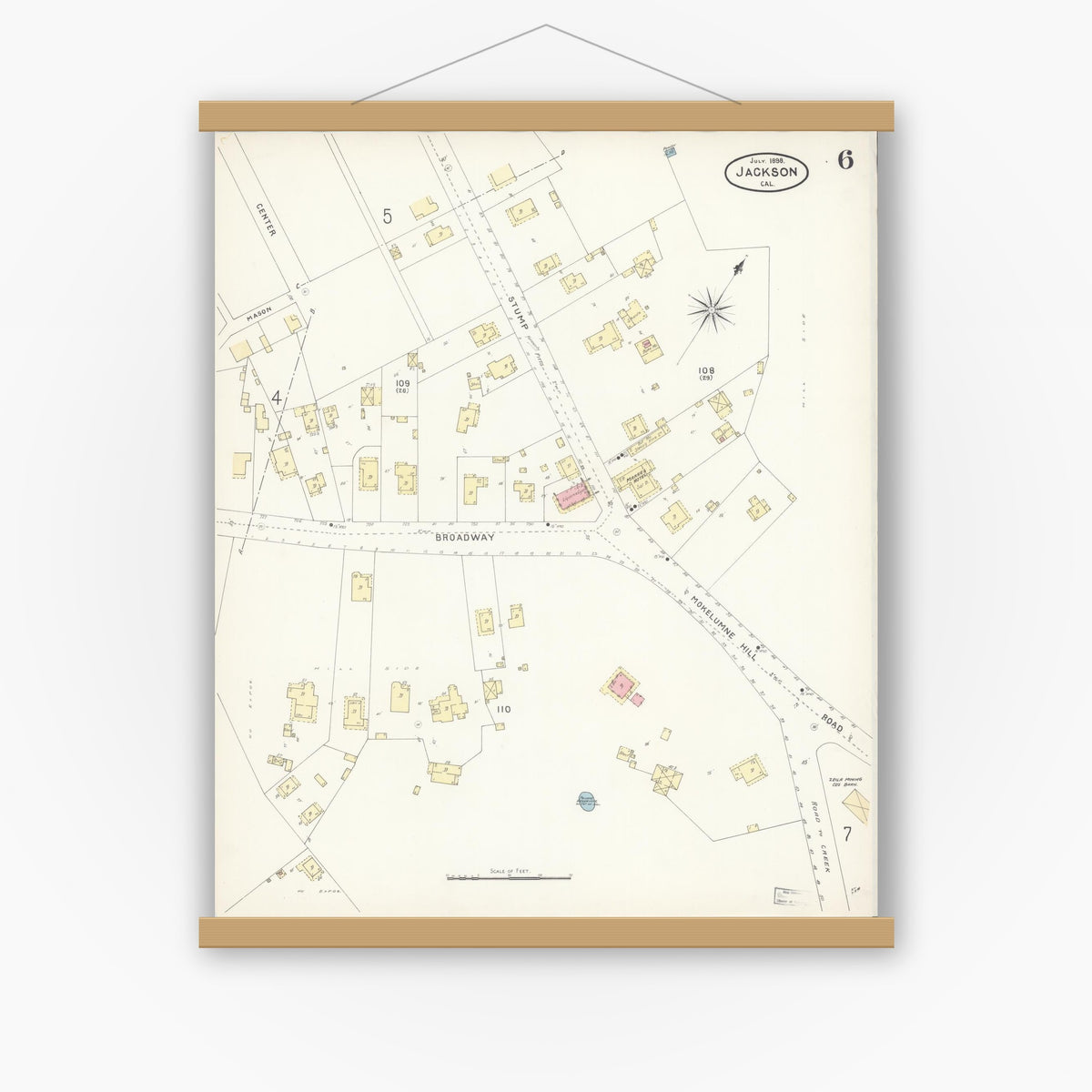 Old map wall art mockup — magnetic wood frame on white wall — Sanborn Fire Insurance Map from Jackson, Amador County, California (1898), Sheet #0006