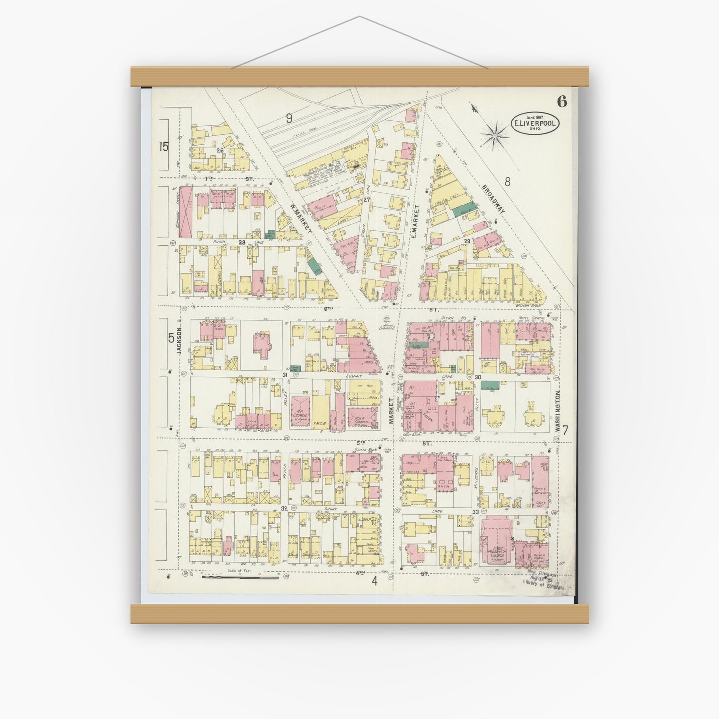 Old map wall art mockup — magnetic wood frame on white wall — Sanborn Fire Insurance Map from East Liverpool, Columbiana County, Ohio (1897), Sheet #0006
