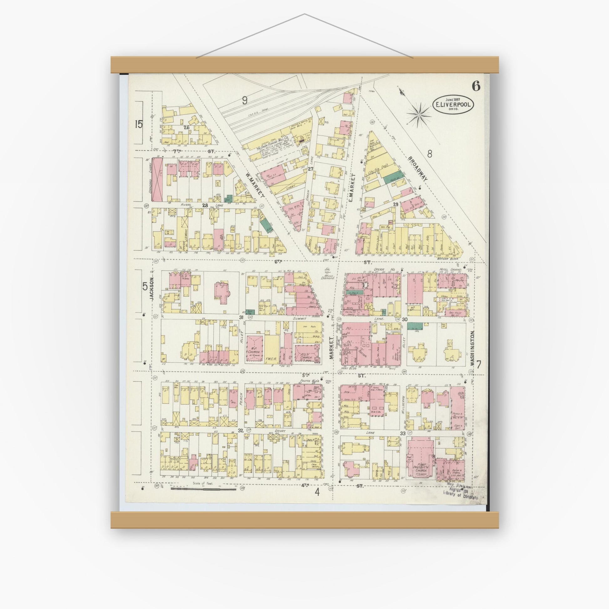 Old map wall art mockup — magnetic wood frame on white wall — Sanborn Fire Insurance Map from East Liverpool, Columbiana County, Ohio (1897), Sheet #0006