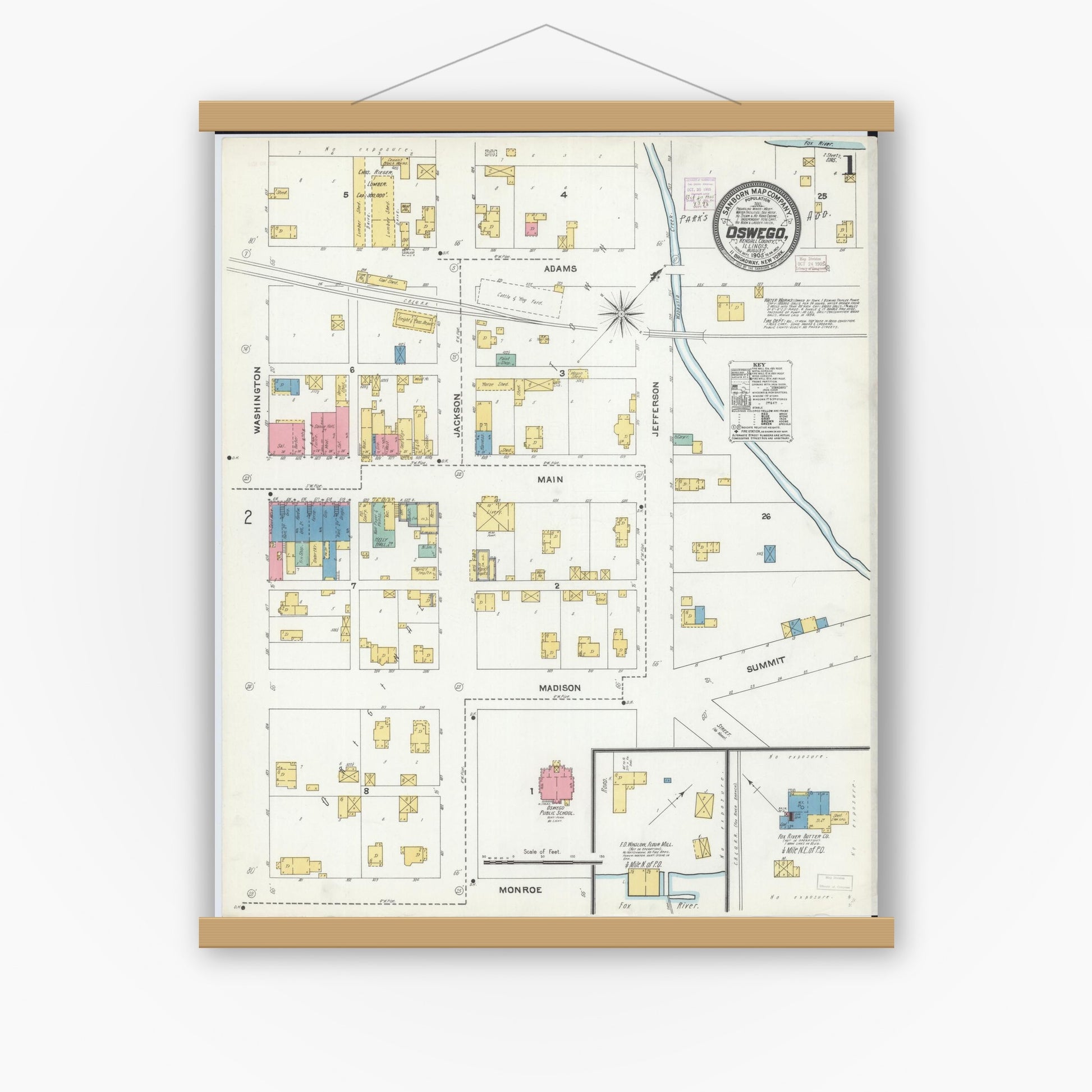Old map wall art mockup — magnetic wood frame on white wall — Sanborn Fire Insurance Map from Oswego, Kendall County, Illinois (1905) - Complete Map Set