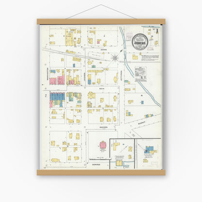 Old map wall art mockup — magnetic wood frame on white wall — Sanborn Fire Insurance Map from Oswego, Kendall County, Illinois (1905) - Complete Map Set
