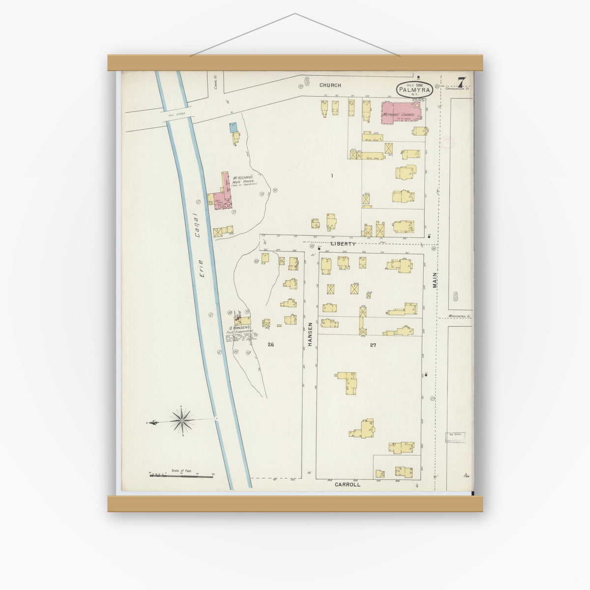 Old map wall art mockup — magnetic wood frame on white wall — Sanborn Fire Insurance Map from Palmyra, Wayne County, New York (1894), Sheet #0007