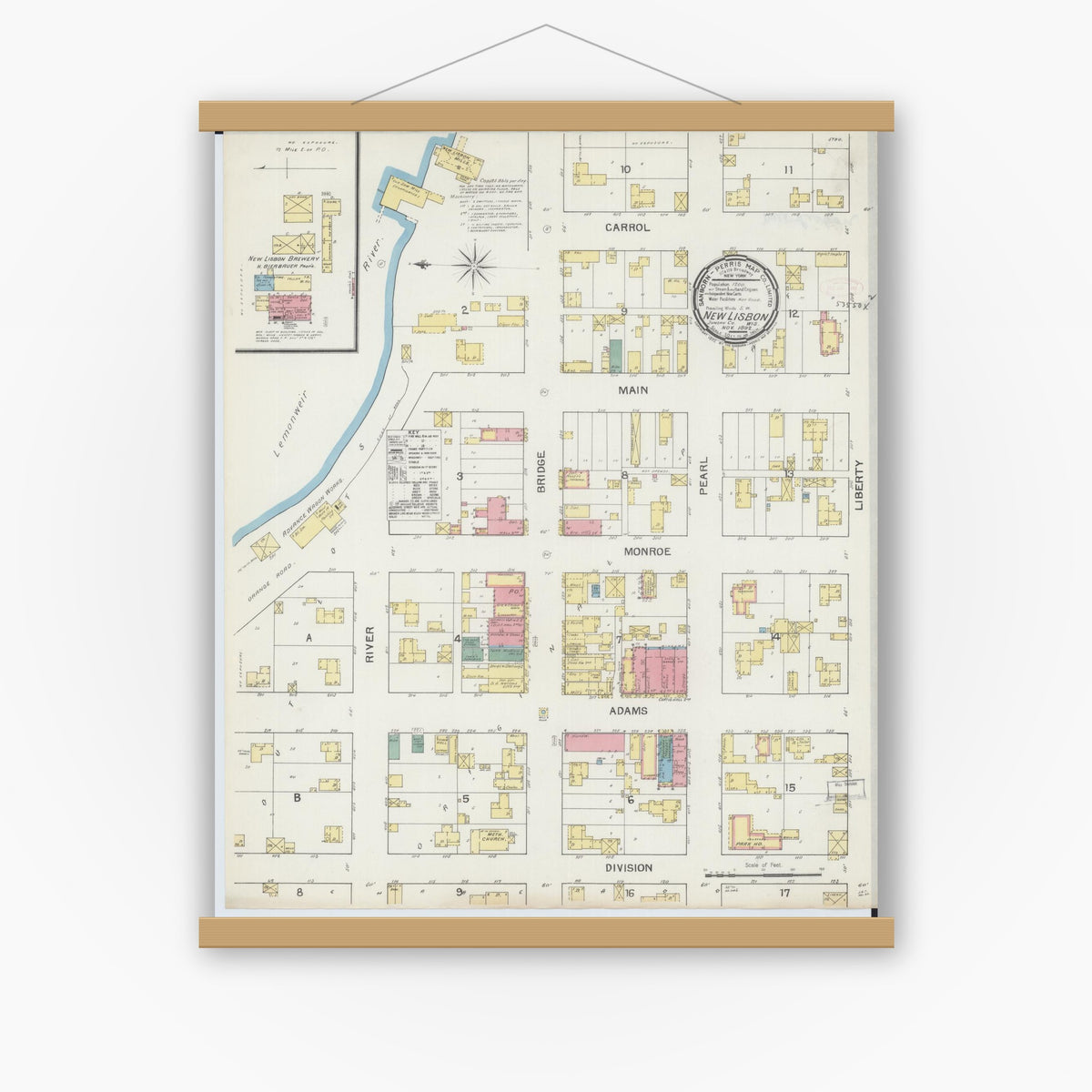 Old map wall art mockup — magnetic wood frame on white wall — Sanborn Fire Insurance Map from New Lisbon, Juneau County, Wisconsin (1892), Sheet #0001