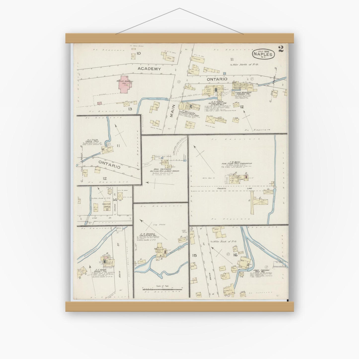 Old map wall art mockup — magnetic wood frame on white wall — Sanborn Fire Insurance Map from Naples, Ontario County, New York (1886), Sheet #0002