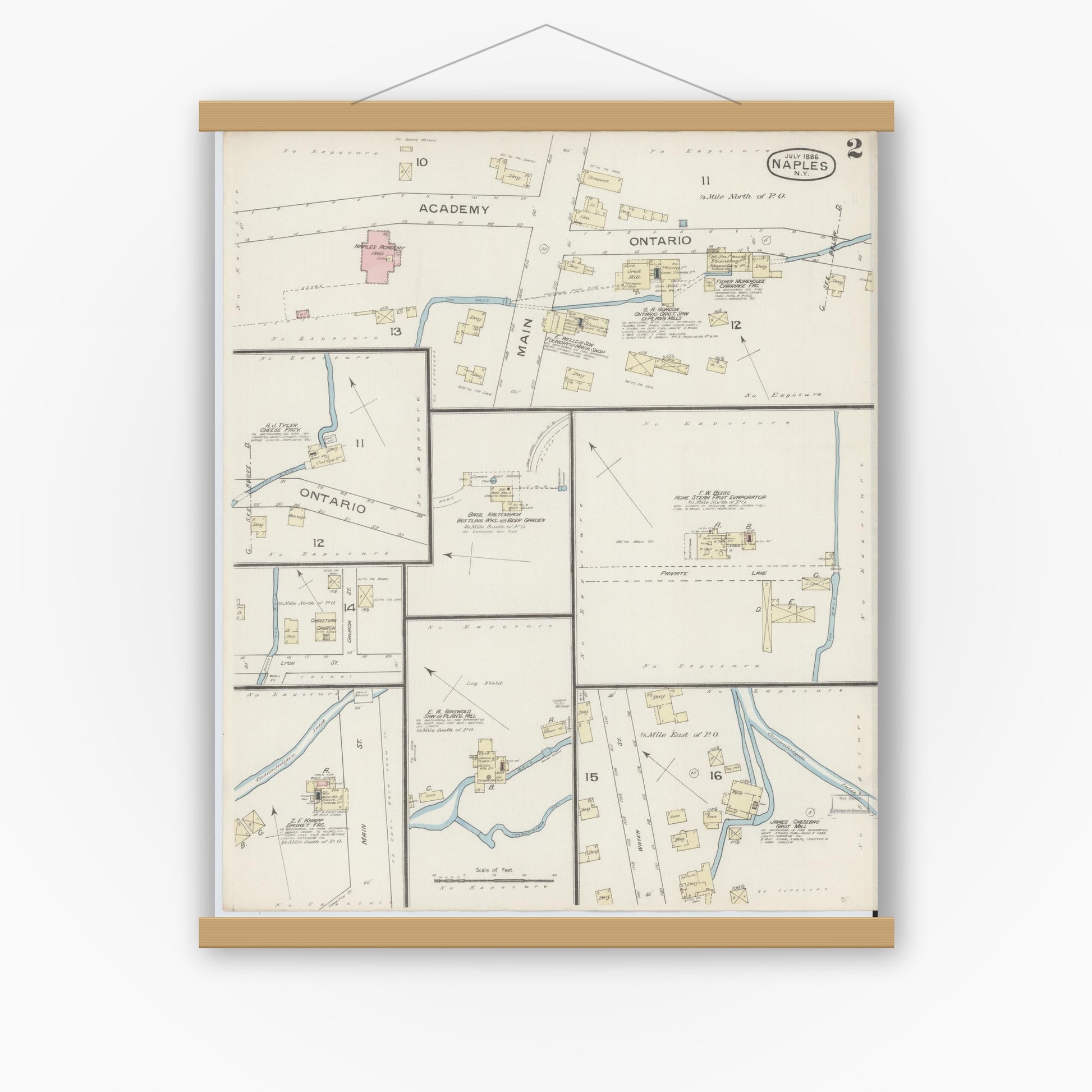 Old map wall art mockup — magnetic wood frame on white wall — Sanborn Fire Insurance Map from Naples, Ontario County, New York (1886), Sheet #0002