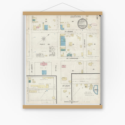 Old map wall art mockup — magnetic wood frame on white wall — Sanborn Fire Insurance Map from Gonzales, Gonzales County, Texas (1891), Sheet #0001