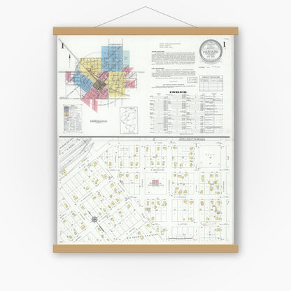 Old map wall art mockup — magnetic wood frame on white wall — Sanborn Fire Insurance Map from Harvard, McHenry County, Illinois (1934), Sheet #0001
