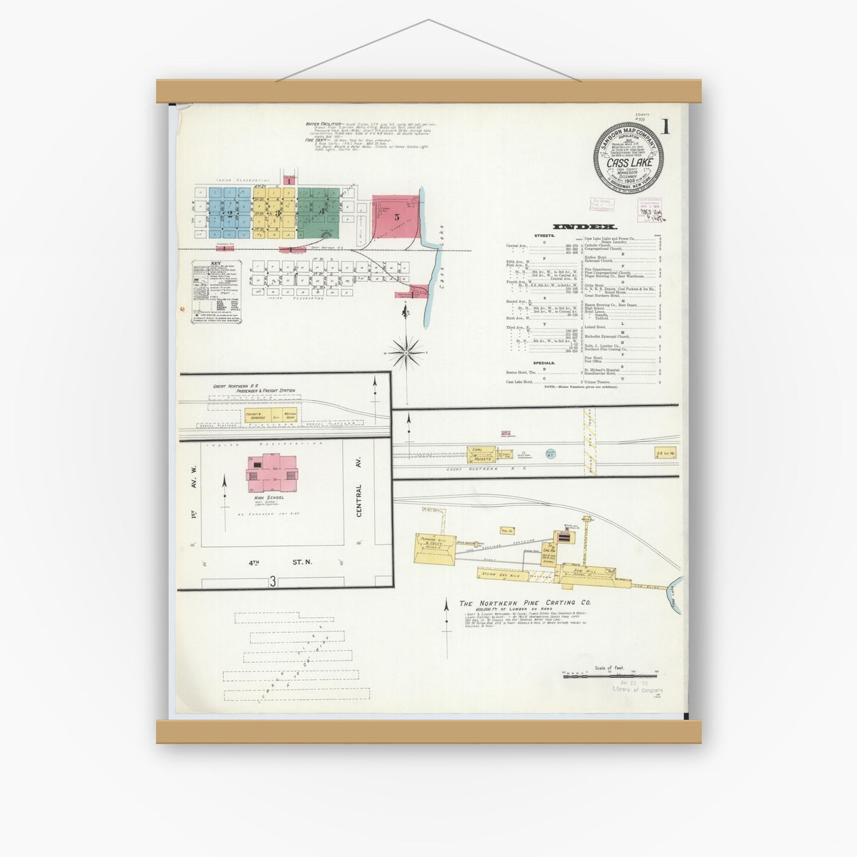 Old map wall art mockup — magnetic wood frame on white wall — Sanborn Fire Insurance Map from Cass Lake, Cass County, Minnesota (1908), Sheet #0001