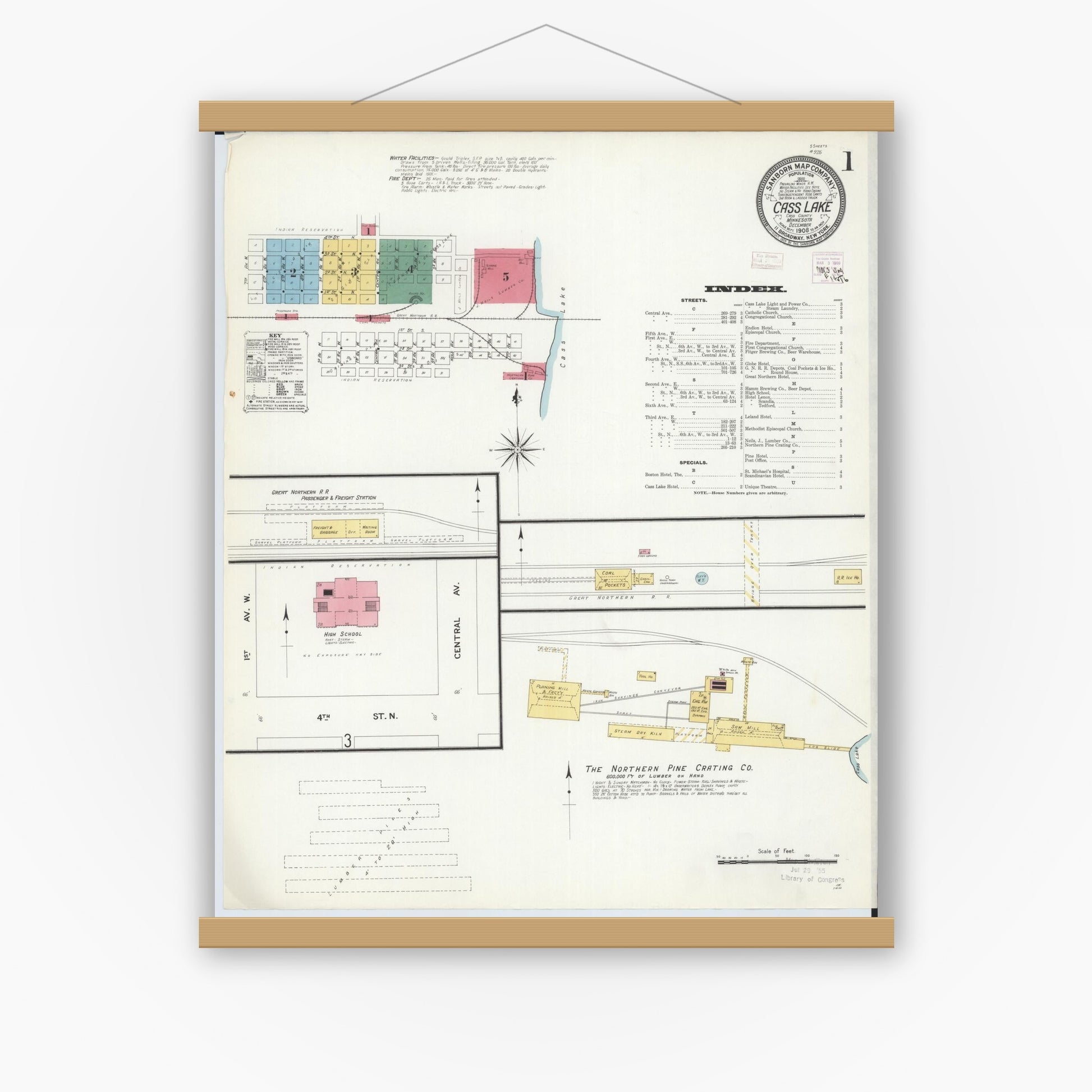 Old map wall art mockup — magnetic wood frame on white wall — Sanborn Fire Insurance Map from Cass Lake, Cass County, Minnesota (1908), Sheet #0001