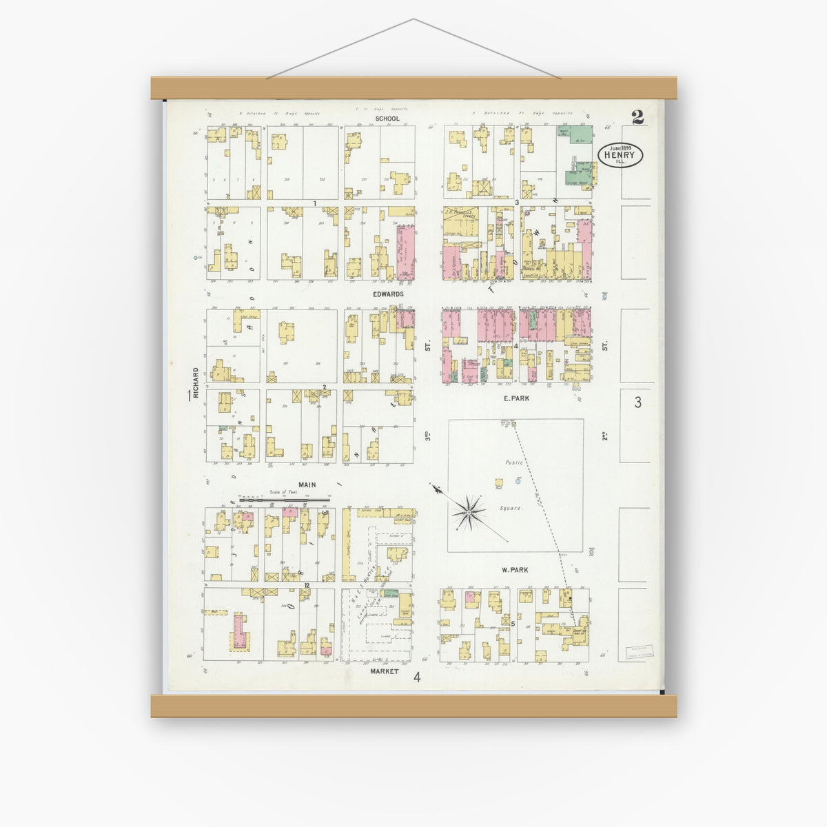 Old map wall art mockup — magnetic wood frame on white wall — Sanborn Fire Insurance Map from Henry, Marshall County, Illinois (1899), Sheet #0002