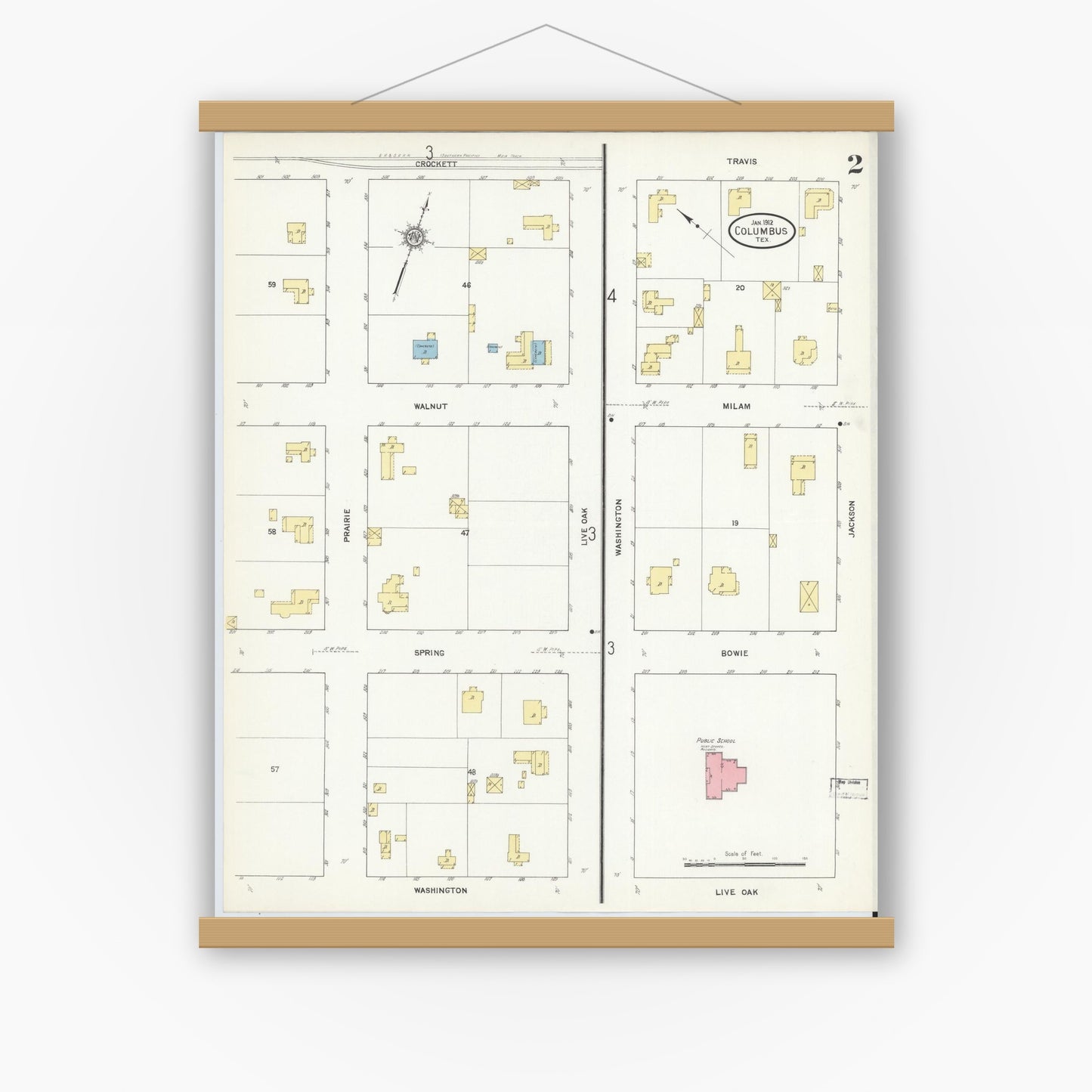 Old map wall art mockup — magnetic wood frame on white wall — Sanborn Fire Insurance Map from Columbus, Colorado County, Texas (1912), Sheet #0002