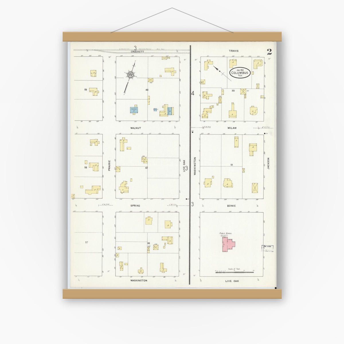 Old map wall art mockup — magnetic wood frame on white wall — Sanborn Fire Insurance Map from Columbus, Colorado County, Texas (1912), Sheet #0002