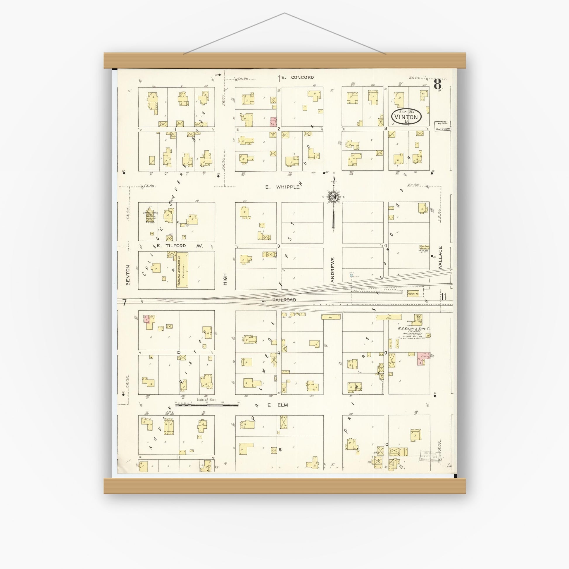 Old map wall art mockup — magnetic wood frame on white wall — Sanborn Fire Insurance Map from Vinton, Benton County, Iowa (1913), Sheet #0008