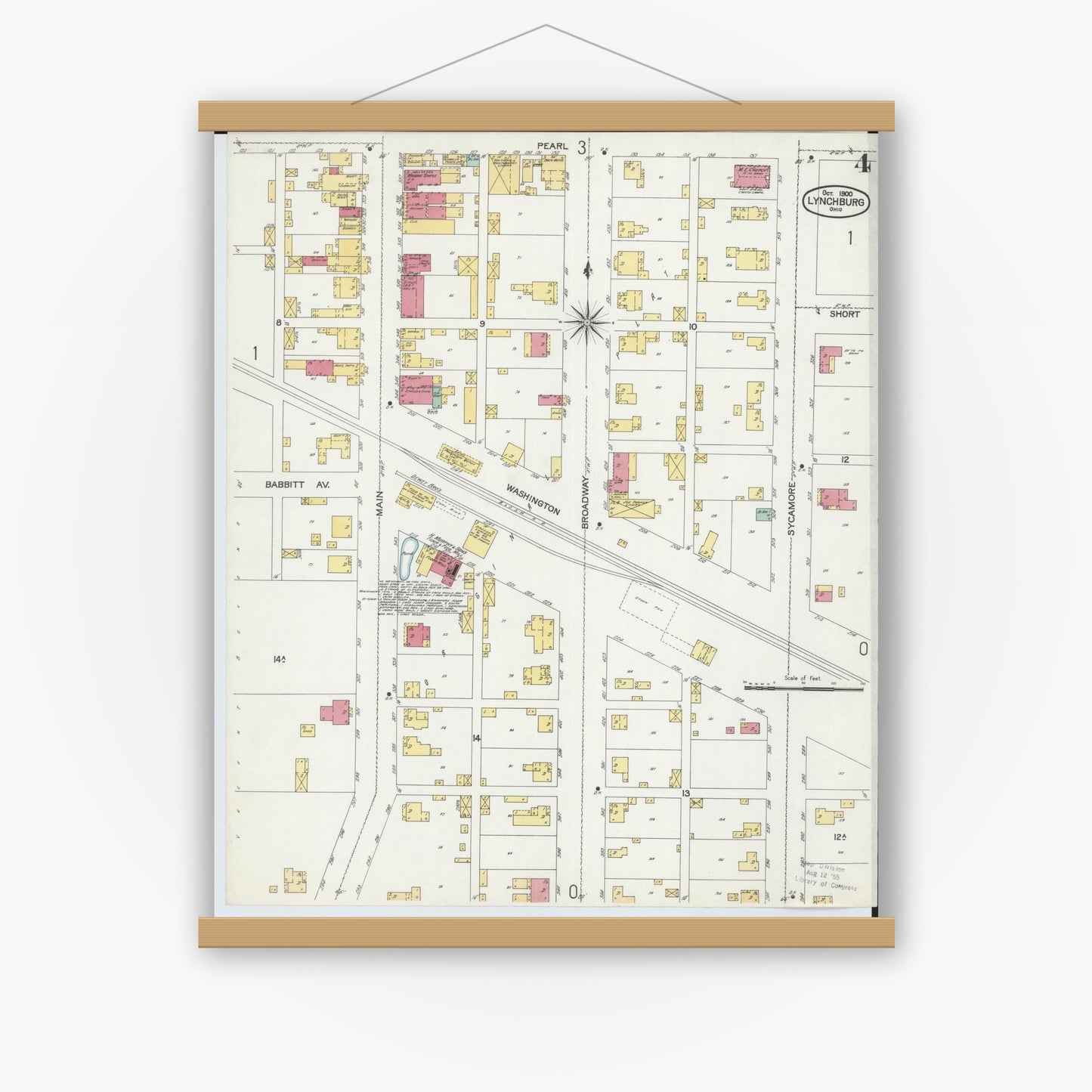 Old map wall art mockup — magnetic wood frame on white wall — Sanborn Fire Insurance Map from Lynchburg, Highland County, Ohio (1900), Sheet #0004