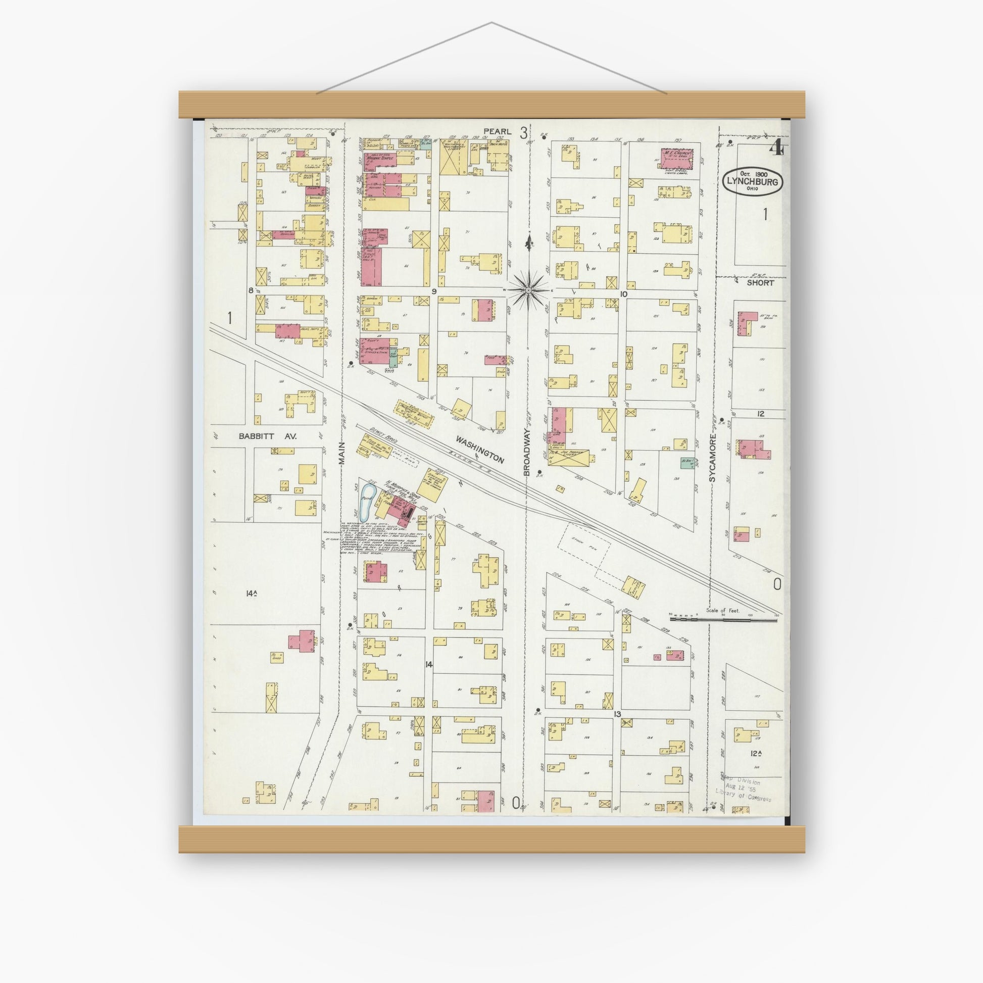 Old map wall art mockup — magnetic wood frame on white wall — Sanborn Fire Insurance Map from Lynchburg, Highland County, Ohio (1900), Sheet #0004