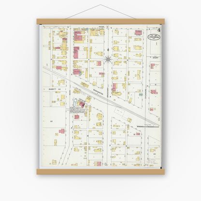 Old map wall art mockup — magnetic wood frame on white wall — Sanborn Fire Insurance Map from Lynchburg, Highland County, Ohio (1900), Sheet #0004