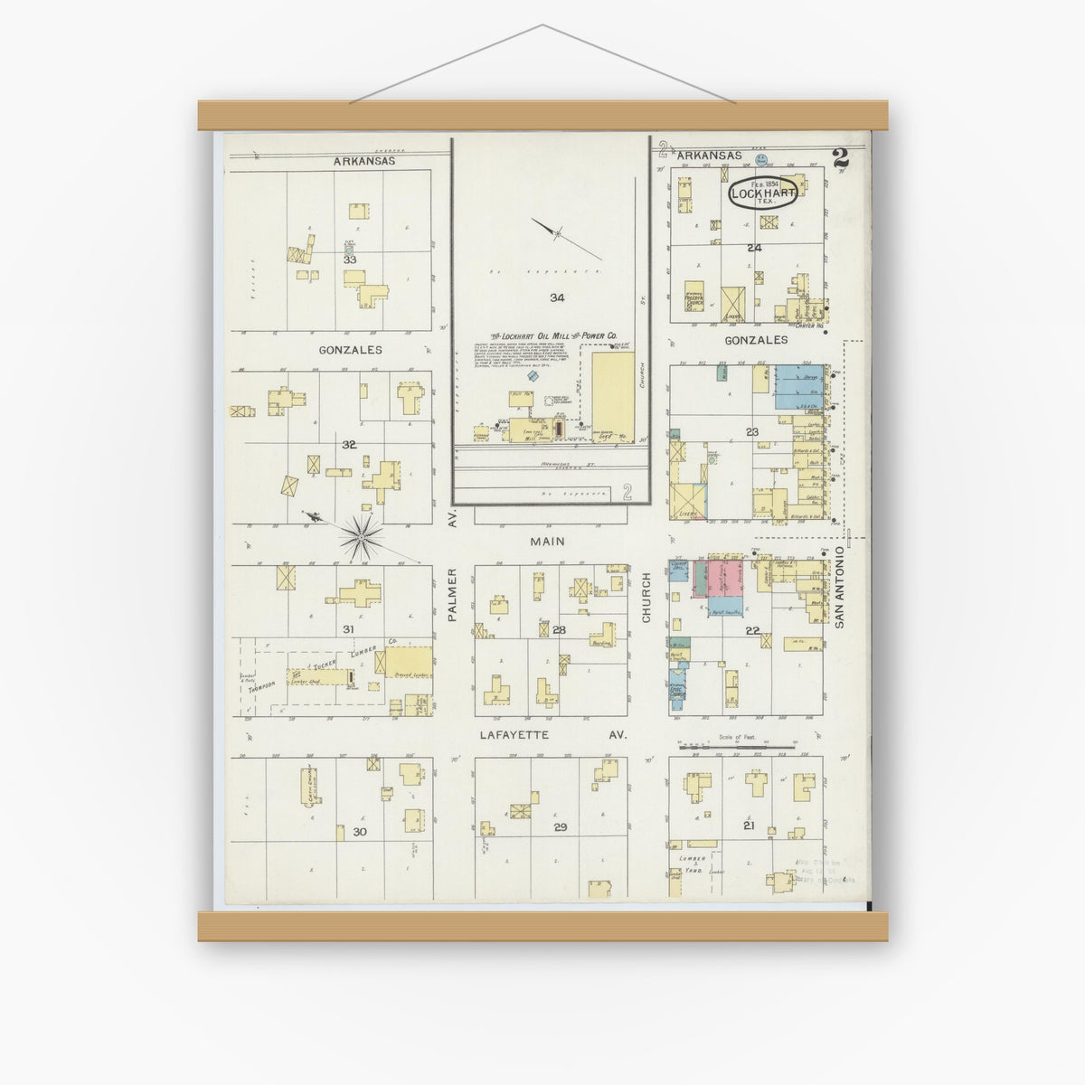 Old map wall art mockup — magnetic wood frame on white wall — Sanborn Fire Insurance Map from Lockhart, Caldwell County, Texas (1894), Sheet #0002