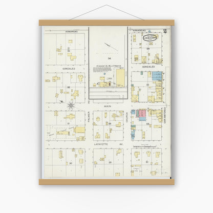 Old map wall art mockup — magnetic wood frame on white wall — Sanborn Fire Insurance Map from Lockhart, Caldwell County, Texas (1894), Sheet #0002