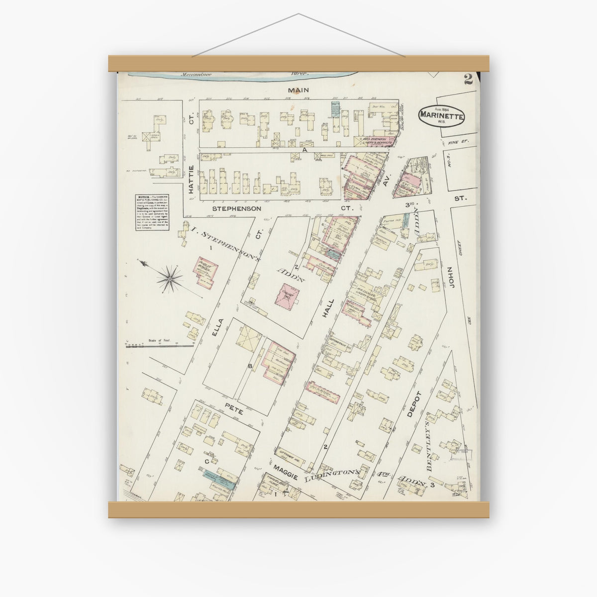 Old map wall art mockup — magnetic wood frame on white wall — Sanborn Fire Insurance Map from Marinette, Marinette County, Wisconsin (1884), Sheet #0002