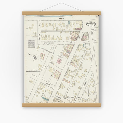 Old map wall art mockup — magnetic wood frame on white wall — Sanborn Fire Insurance Map from Marinette, Marinette County, Wisconsin (1884), Sheet #0002