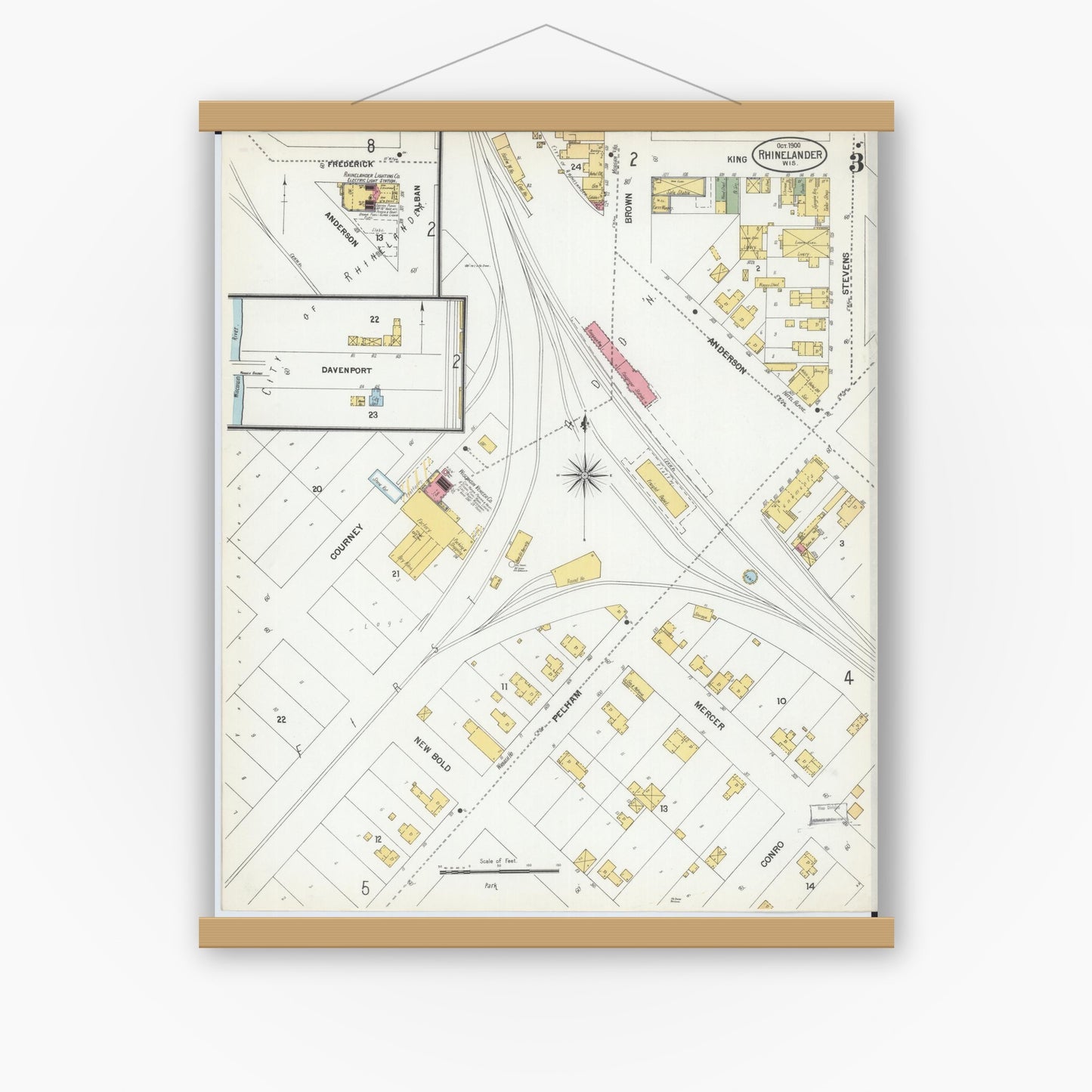 Old map wall art mockup — magnetic wood frame on white wall — Sanborn Fire Insurance Map from Rhinelander, Oneida County, Wisconsin (1900), Sheet #0003