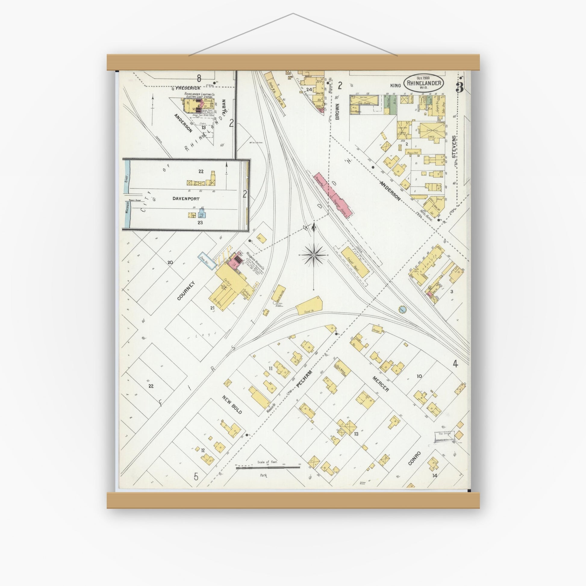 Old map wall art mockup — magnetic wood frame on white wall — Sanborn Fire Insurance Map from Rhinelander, Oneida County, Wisconsin (1900), Sheet #0003