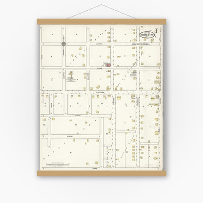 Old map wall art mockup — magnetic wood frame on white wall — Sanborn Fire Insurance Map from Rising Star, Eastland County, Texas (1921), Sheet #0004