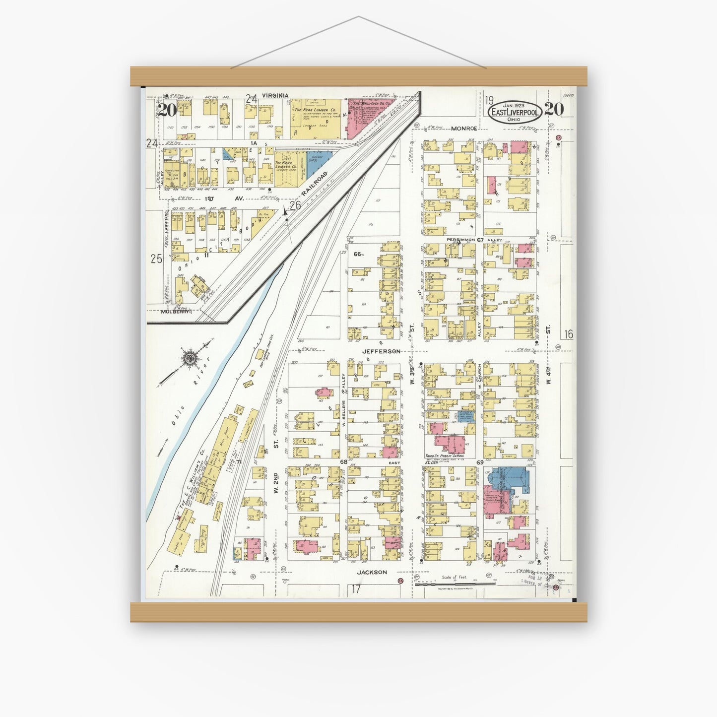 Old map wall art mockup — magnetic wood frame on white wall — Sanborn Fire Insurance Map from East Liverpool, Columbiana County, Ohio (1923), Sheet #0020