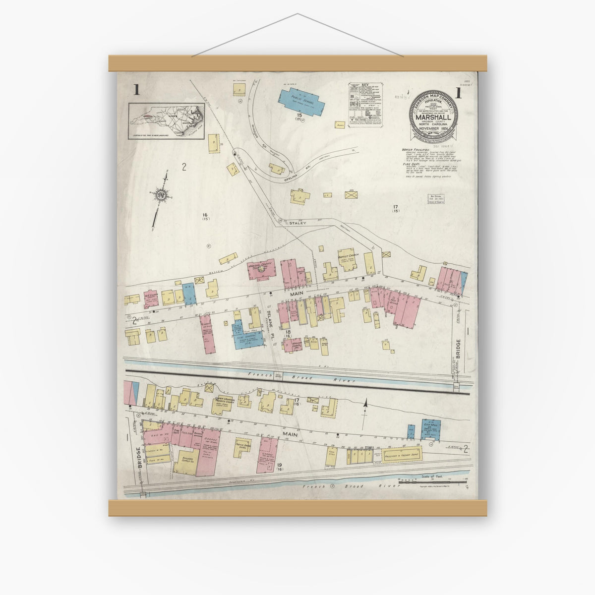 Old map wall art mockup — magnetic wood frame on white wall — Sanborn Fire Insurance Map from Marshall, Madison County, North Carolina (1924), Sheet #0001