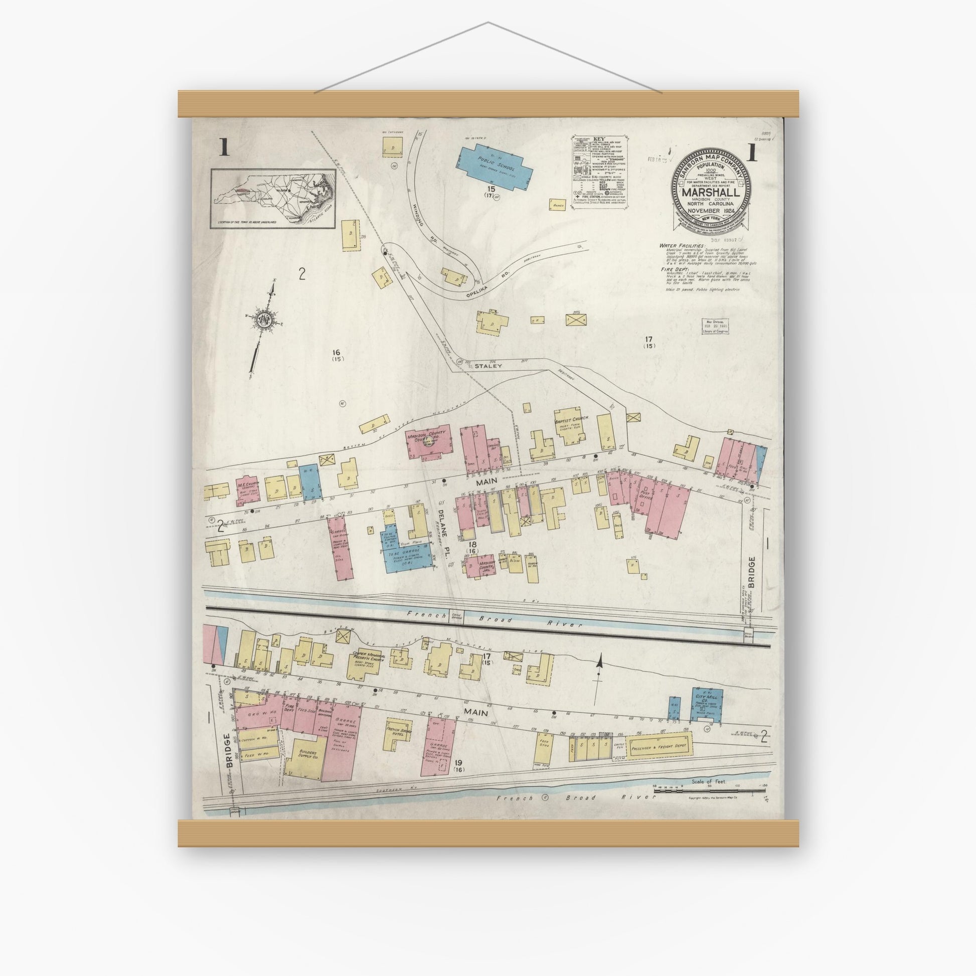 Old map wall art mockup — magnetic wood frame on white wall — Sanborn Fire Insurance Map from Marshall, Madison County, North Carolina (1924), Sheet #0001