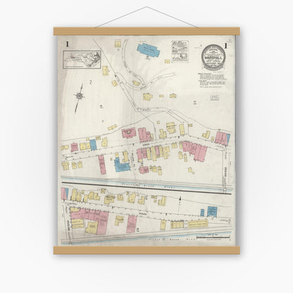 Old map wall art mockup — magnetic wood frame on white wall — Sanborn Fire Insurance Map from Marshall, Madison County, North Carolina (1924), Sheet #0001