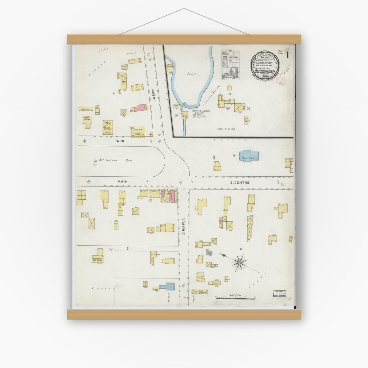 Old map wall art mockup — magnetic wood frame on white wall — Sanborn Fire Insurance Map from Belchertown, Hampshire County, Massachusetts (1895) - Complete Map Set