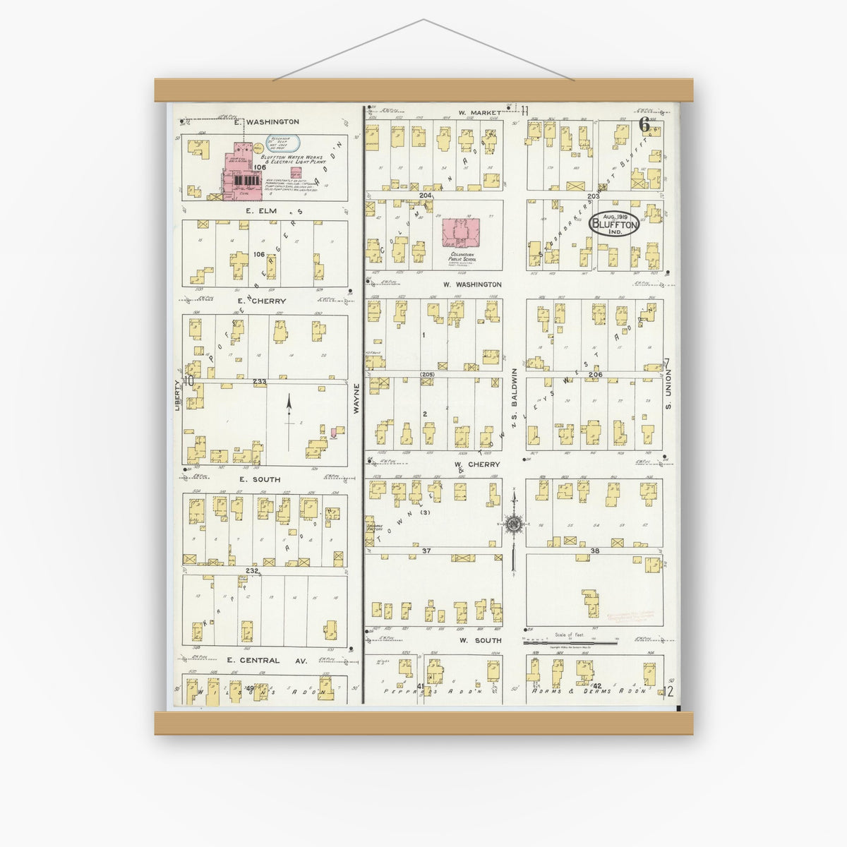 Old map wall art mockup — magnetic wood frame on white wall — Sanborn Fire Insurance Map from Bluffton, Wells County, Indiana (1919), Sheet #0006