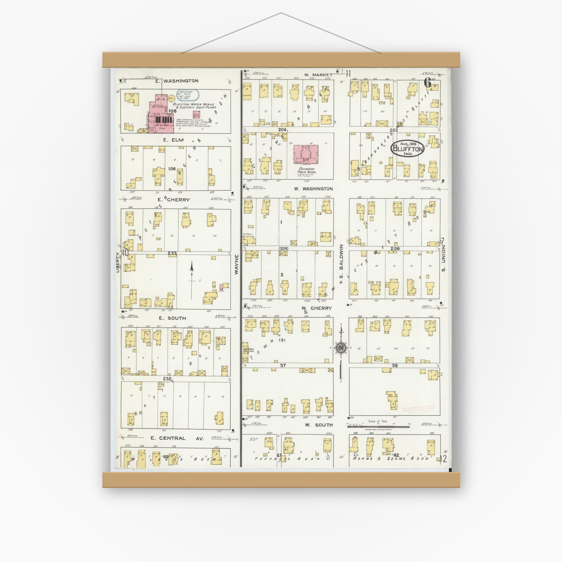 Old map wall art mockup — magnetic wood frame on white wall — Sanborn Fire Insurance Map from Bluffton, Wells County, Indiana (1919), Sheet #0006