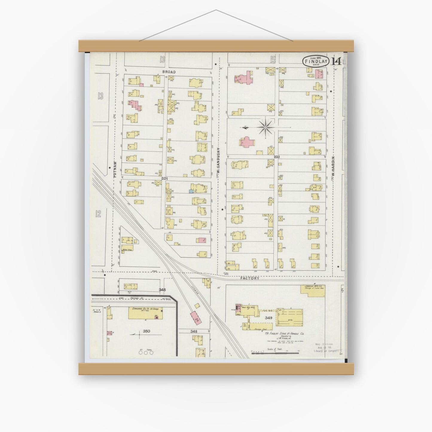 Old map wall art mockup — magnetic wood frame on white wall — Sanborn Fire Insurance Map from Findlay, Hancock County, Ohio (1895), Sheet #0014