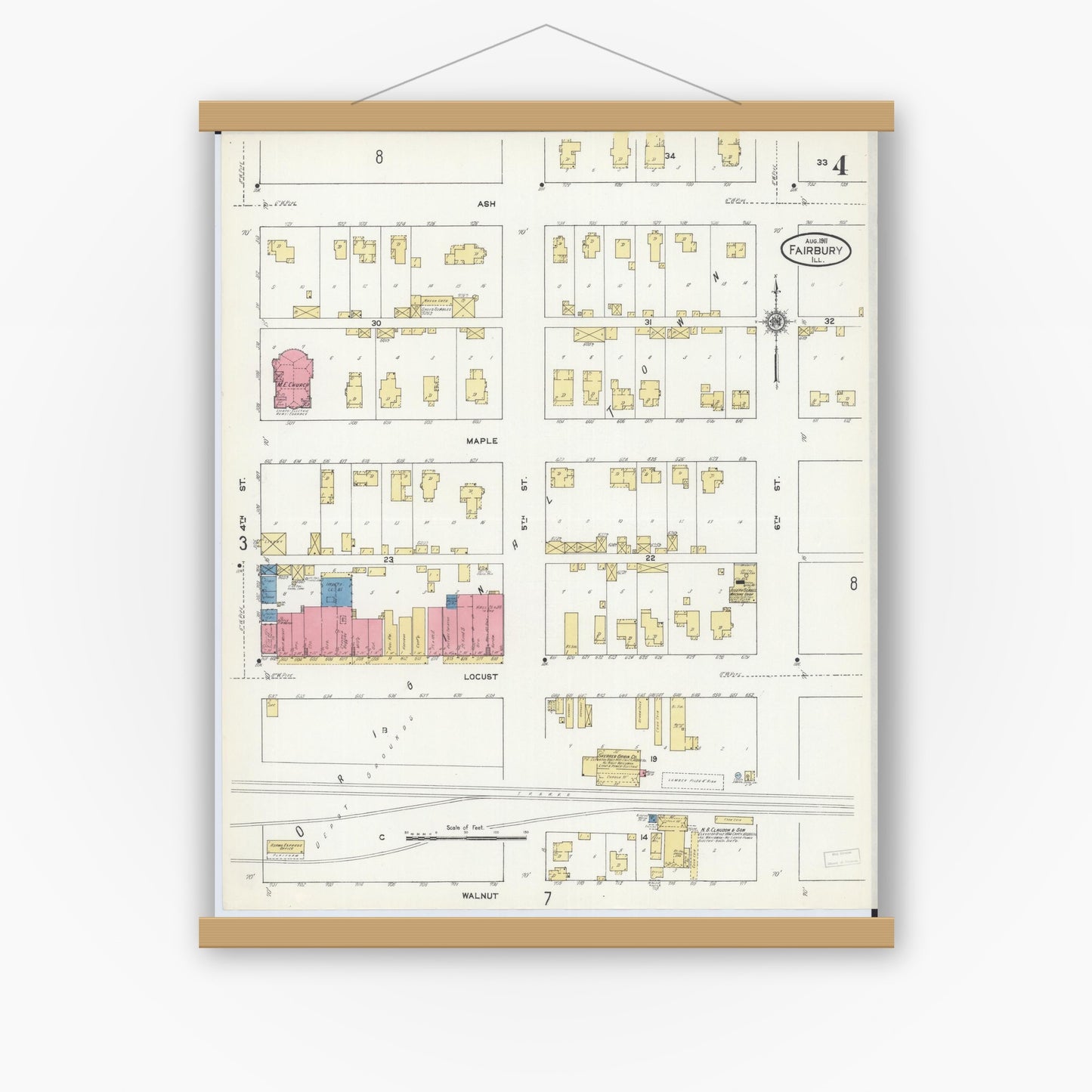 Old map wall art mockup — magnetic wood frame on white wall — Sanborn Fire Insurance Map from Fairbury, Livingston County, Illinois (1911), Sheet #0004