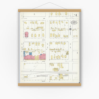 Old map wall art mockup — magnetic wood frame on white wall — Sanborn Fire Insurance Map from Fairbury, Livingston County, Illinois (1911), Sheet #0004