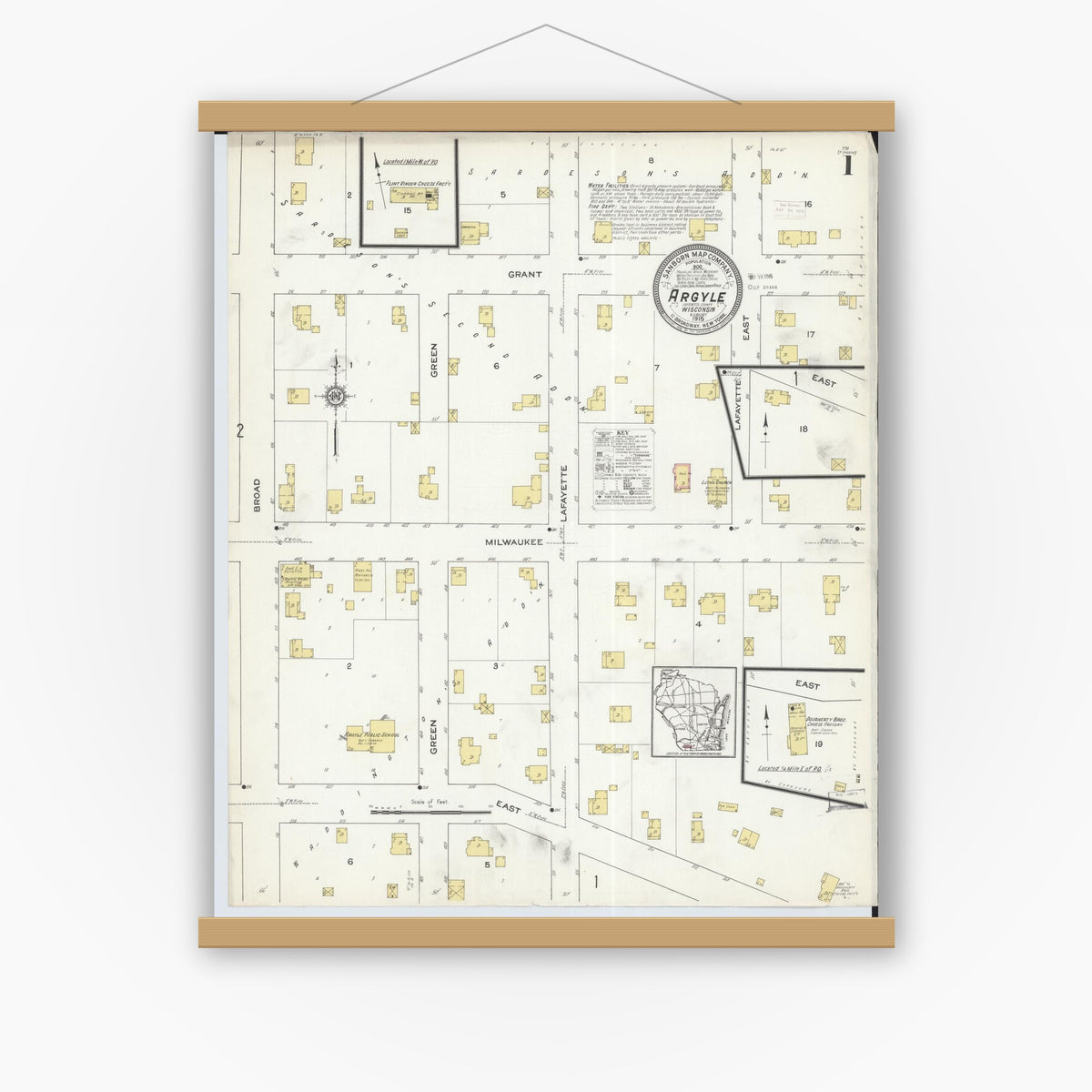 Old map wall art mockup — magnetic wood frame on white wall — Sanborn Fire Insurance Map from Argyle, Lafayette County, Wisconsin (1915), Sheet #0001