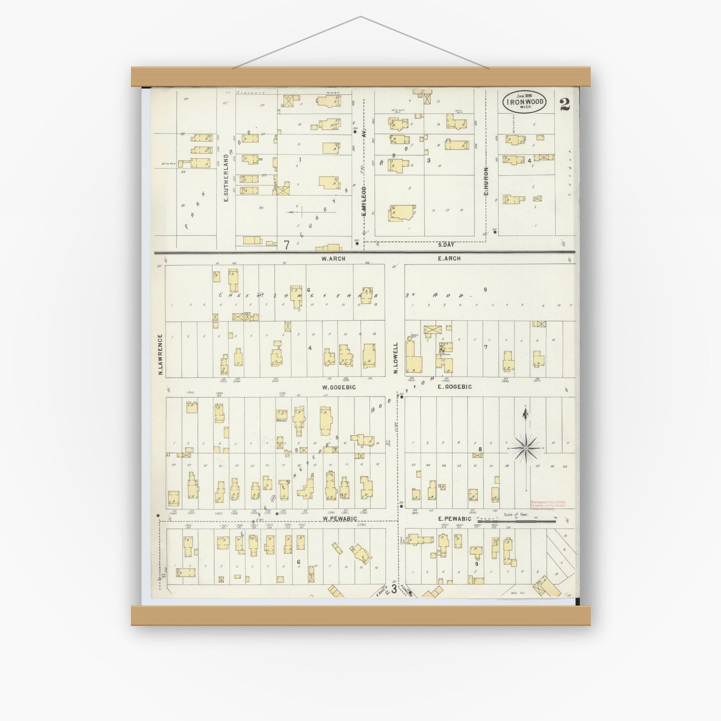 Old map wall art mockup — magnetic wood frame on white wall — Sanborn Fire Insurance Map from Ironwood, Gogebic County, Michigan (1898), Sheet #0002