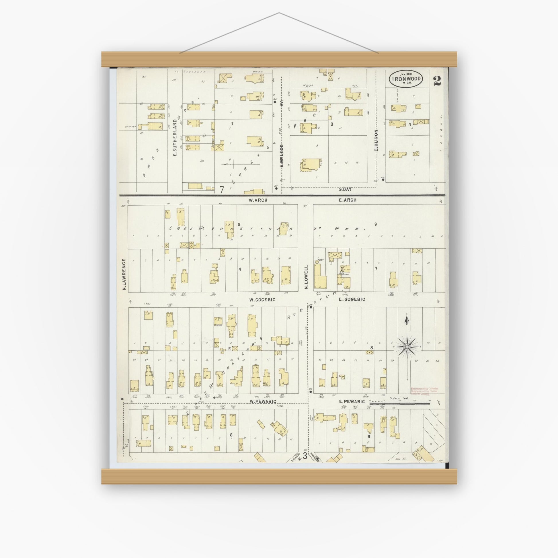 Old map wall art mockup — magnetic wood frame on white wall — Sanborn Fire Insurance Map from Ironwood, Gogebic County, Michigan (1898), Sheet #0002